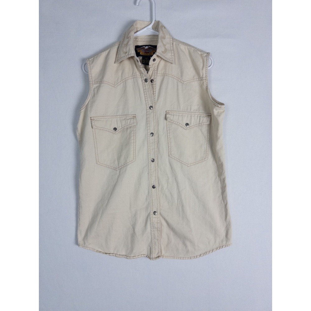 Harley Davidson Vest Womens S Ivory Embroidered 100% Cotton Snap Pockets Logo